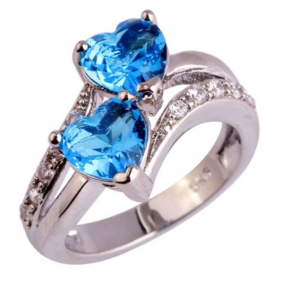 Blue Double Heart Ring in Sterling Silver